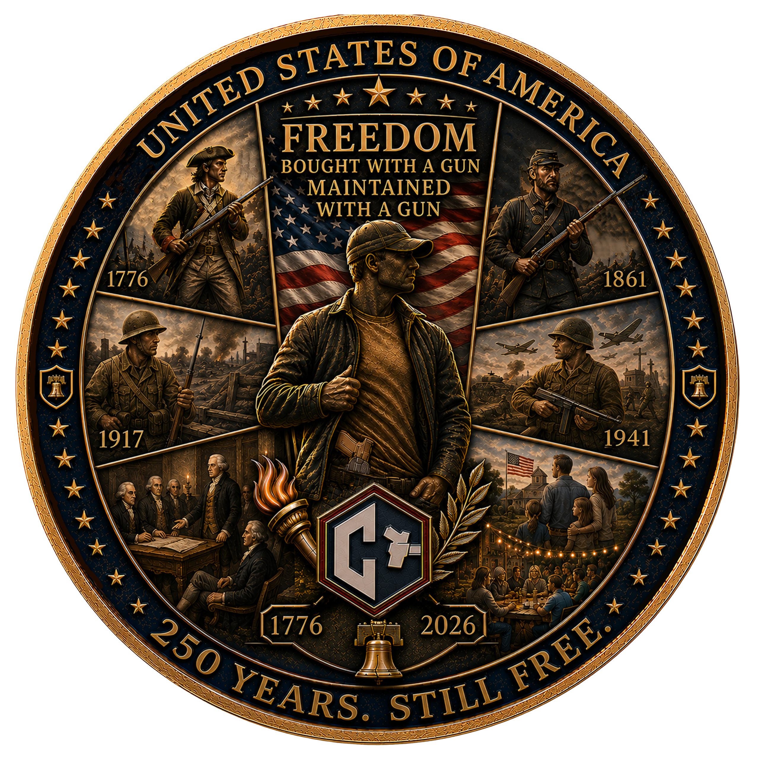 250th Anniversary Commemorative Coin, back: Freedom bought with a gun, maintained with a gun