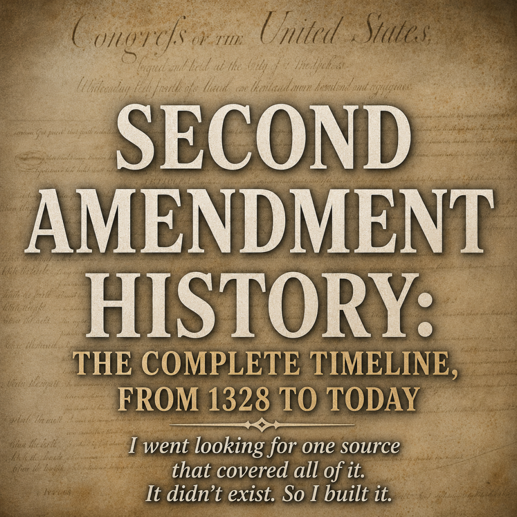 The English Bill of Rights of 1689 with the title "Second Amendment History: The Complete Timeline, From 1328 to Today."