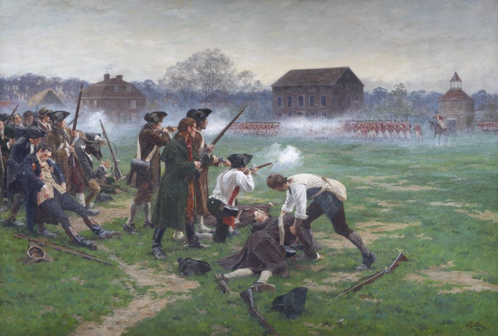 Colonial militia confronting British regulars at the Battle of Lexington, marking the beginning of the American Revolutionary War.