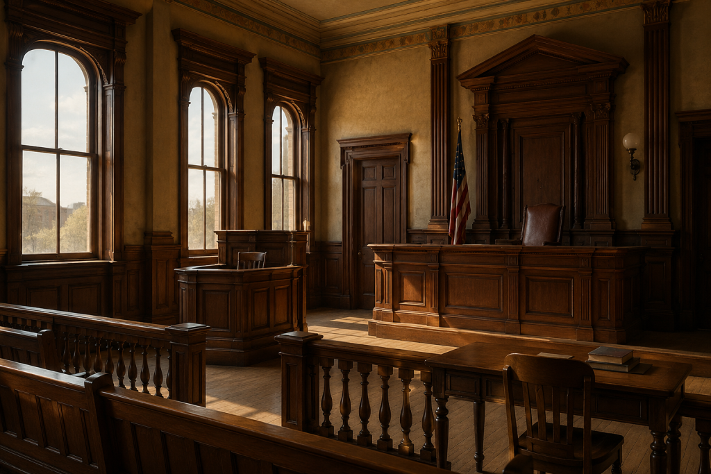 Empty nineteenth-century American courtroom with a witness stand and afternoon sunlight representing early constitutional law.
