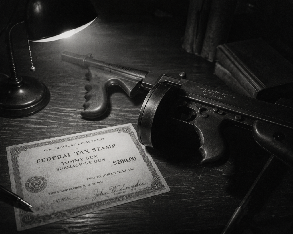 1930s Thompson submachine gun beside a federal National Firearms Act tax stamp under dramatic noir lighting.