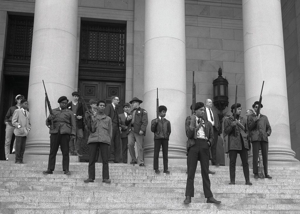 Members of the Black Panther Party gathered at the Washington State Capitol during the era of the Mulford Act.