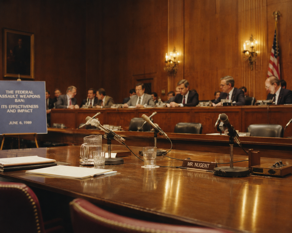 1980s congressional hearing room with microphones and witness table representing federal firearms legislation debates.
