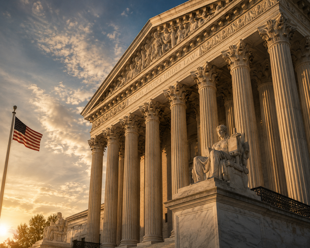 United States Supreme Court building at sunset representing modern Second Amendment jurisprudence.