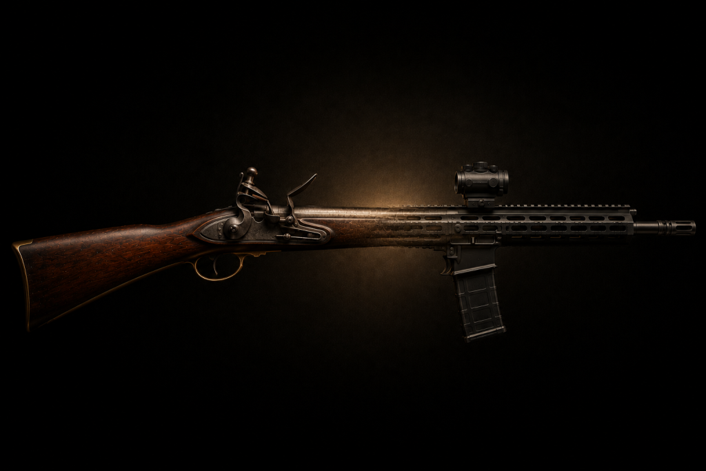Colonial-era musket blending into a modern AR-15 illustrating the evolution of firearms.