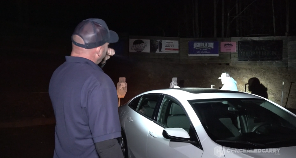 Mitch blinded by a defensive flashlight during a nighttime low-light training scenario.