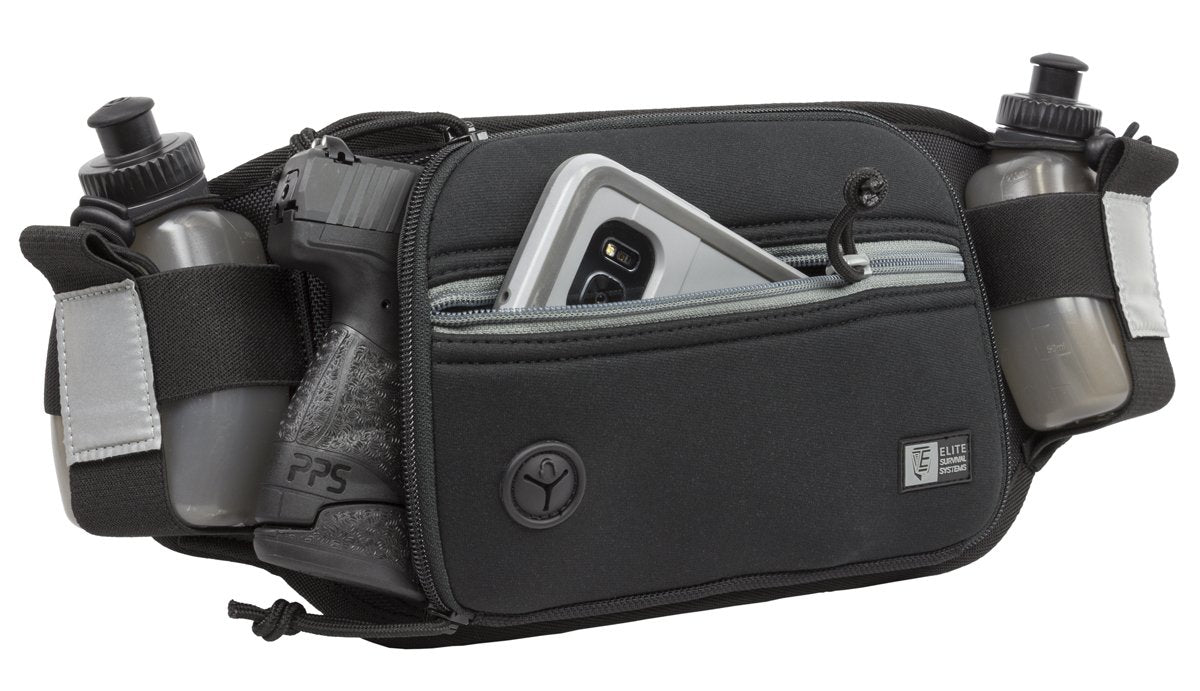 ESS Marathon Gun Pack shown with phone and pistol in the pockets