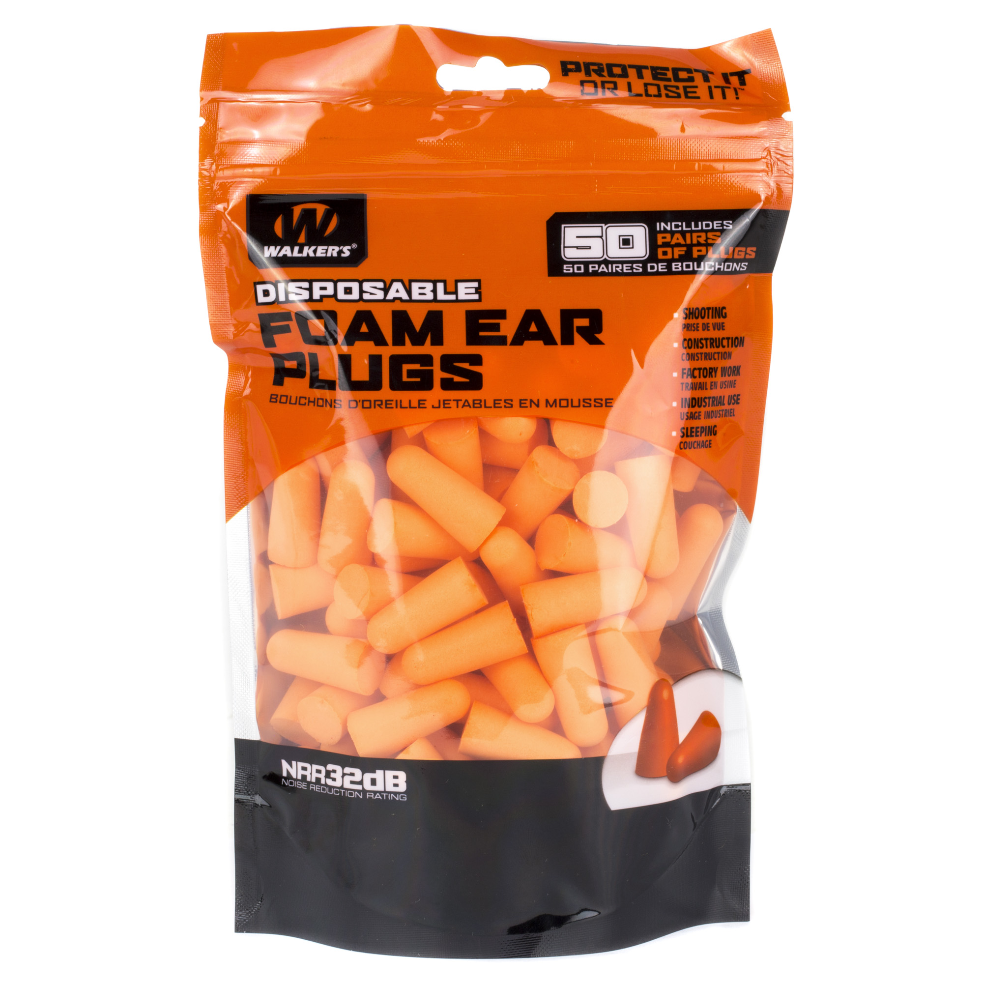 Walker's disposable orange foam ear plugs, 50 pair bag, NRR 32 dB
