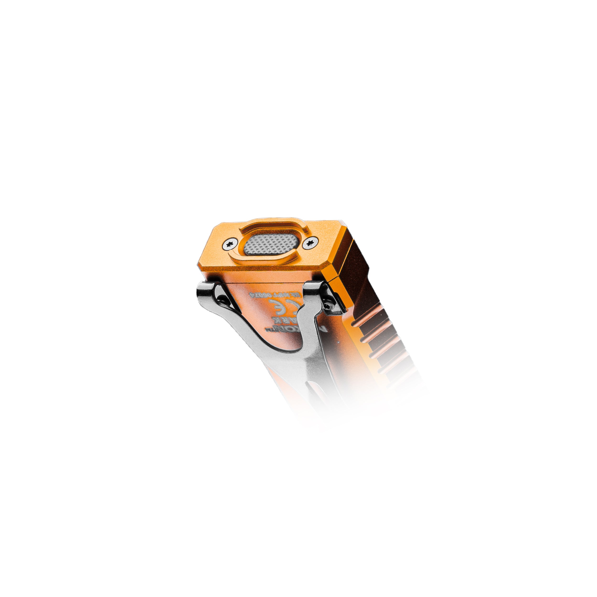 Orange Noxon Anark flashlight with guarded tail cap installed