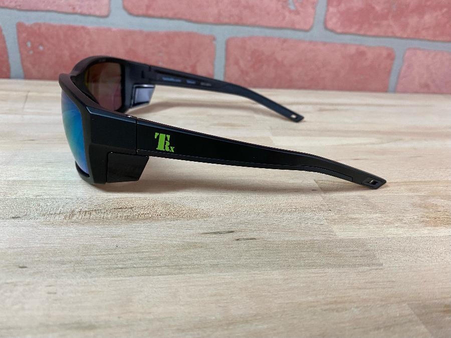 TacticalRx Mother Trucker shooting glasses side view showing high wrap and temple strap holes